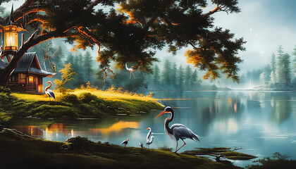 Canvas Print - Artistic illustration of a heron bird on a landscape with a lake.