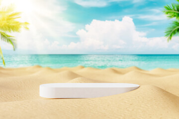 Sticker - 3d podium with copy space for product display presentation on palm beach abstract background. Tropical summer and vacation concept.