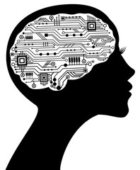Poster - Beautiful communication woman profile with circuit techno human brain. Artificial intelligence, cyber mind concept. Circuit board chips.