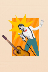 Sticker - Vertical collage image of excited black white effect guy singing microphone acoustic guitar isolated on creative background