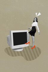 Poster - Vertical collage image of successful black white gamma girl walking big vintage pc monitor isolated on creative background