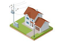 Isometric Transformer . Electric Energy Factory Distribution Chain. Power Distribution With The House, High Voltage Electricity Grid Pylons, Electric Transformer.