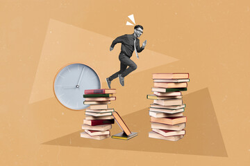 Sticker - Creative collage image of mini black white gamma guy jumping running between two pile stack book wall watch isolated on painted background