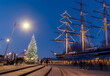 The famous Cutty Sark ship illuminated in Christmas lights, in Greenwich peninsula, London
