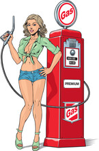 Pin Up Girl Vintage Gas Station And Fuel Pump Isolated On White Background. Comic Style Vector Illustration.