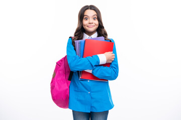 Wall Mural - School teenager child girl with school backpack hold book and copybook. Teenager student, isolated background. Learning and knowledge. Go study.