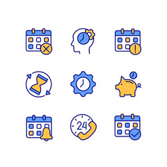 Sticker - Time and date pixel perfect RGB color icons set. Calendar management. Save money. Sandglass. 24-hour service. Isolated vector illustrations. Simple filled line drawings collection. Editable stroke