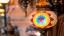 Lighting Products Sold In Istanbul Grand Bazaar, Traditional Turkish Lamps, Touristic Gifts, Blurred Background With Spaces And Text Space	