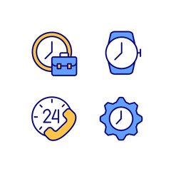 Sticker - Keep track of hours pixel perfect RGB color icons set. Working hours. Wrist watch. Round-the-clock support. Isolated vector illustrations. Simple filled line drawings collection. Editable stroke