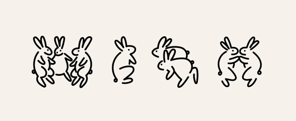 Sticker - Various doodle Bunnies. Dancing, standing, fighting, running rabbits. Hand drawn Vector illustration. Cute simple cartoon creatures. Icon, logo, print templates. Isolated elements. New year symbol