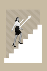 Poster - Collage 3d image of pinup pop retro sketch of purposeful lady walking up career stairs isolated painting background