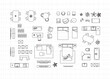 Construction drawing furniture icons for living room, bathroom, kitchen, bedroom drawing on white background.