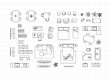 Fototapeta  - Construction drawing furniture icons for living room, bathroom, kitchen, bedroom drawing on white background.