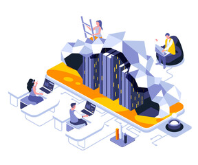 Poster - Cloud computing landing page template. Data and info storage website header UI layout with isometric illustration. Database server, hosting infrastructure web banner isometry concept
