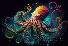 Painting With Octopus Sea Waving Tentacles On Blue Green Background