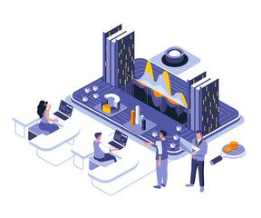 Poster - Data analysis landing page template. Information chart and graph website header UI layout with isometric illustration. Accounting report, financial presentation web banner isometry concept