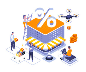 Poster - Discounts of goods landing page template. Seasonal price reduction website header UI layout with isometric illustration. Limited merchandise promo campaign web banner isometry concept
