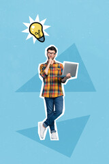 Poster - 3d retro abstract creative collage artwork template of guy working twitter telegram facebook isolated painting background