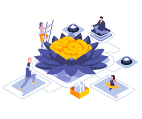 Poster - Meditation for mind landing page template. Calming techniques, stress relief website header UI layout with isometric illustration. Yoga workout, self-care web banner isometry concept