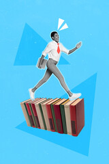 Canvas Print - Creative photo 3d collage artwork poster postcard of young person going library change book take another isolated on painting background