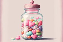 A Jar Filled With Lots Of Candy Hearts On Top Of A Table Next To A Pink Frame With A Pink Border. Generative Ai, Generative Ai