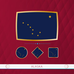 Wall Mural - Set of Alaska flags with gold frame for use at sporting events on a burgundy abstract background.