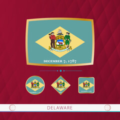 Wall Mural - Set of Delaware flags with gold frame for use at sporting events on a burgundy abstract background.