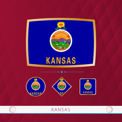 Wall Mural - Set of Kansas flags with gold frame for use at sporting events on a burgundy abstract background.