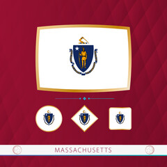 Wall Mural - Set of Massachusetts flags with gold frame for use at sporting events on a burgundy abstract background.