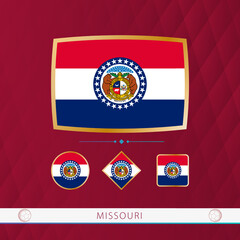 Wall Mural - Set of Missouri flags with gold frame for use at sporting events on a burgundy abstract background.