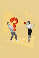 Poster - 3d retro abstract creative collage artwork template of bossy lady screaming bullhorn questioned guy isolated painting background