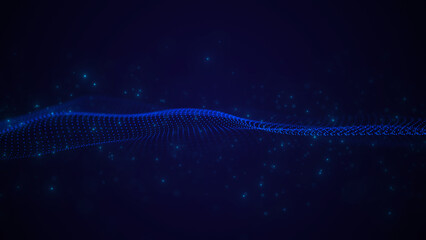 Poster - Abstract blue wave of dots and flying particles. Information cyberspace. Illustration of a network connection. The concept of big data. 3d rendering.