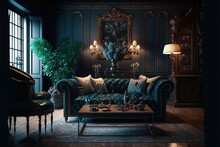 Vintage Luxury Living Room Interior Design With Retro Style Furniture, Wallpaper And Accessories In A Beautiful Trendy Scene Of Classic Victorian Style