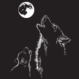 Fototapeta Konie - Wolf and puppy howling at the moon. Black and white drawing