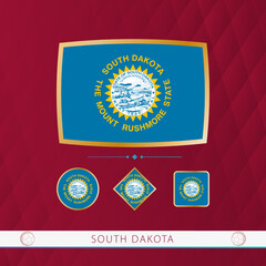 Wall Mural - Set of South Dakota flags with gold frame for use at sporting events on a burgundy abstract background.