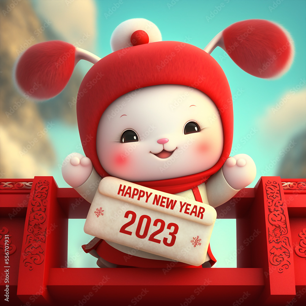 Cute Rabbit 2043 Cute happy rabbit character illustration wearing red traditional ...