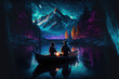 A lovely couple having a romancing moment in a boat in a forest near a mountain at night Generative AI