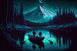 A lovely couple having a romancing moment in a boat in a forest near a mountain at night Generative AI