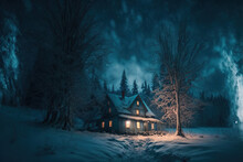 Winter Night In Forest Near A Abandoned House Covered In Snow Generative AI