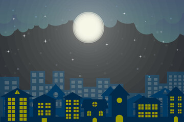 Wall Mural - Night city full moon with stars on a cloudy night sky.