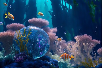 Fototapete - Colored underwater landscape with plankton algae striped fish and air bubbles.Underwater world cartoon illustration.AI generated.