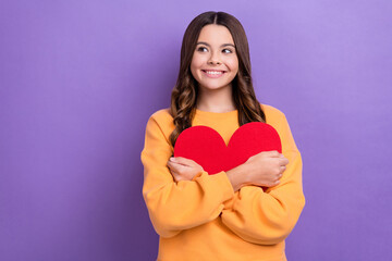 Wall Mural - Portrait of positive sweet person hands hold hug red paper heart look empty space isolated on purple color background