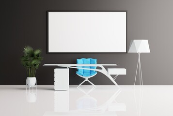 Poster - view of a modern office with an empty picture frame on a dark wall, background. modern office furnis