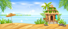 Beach Hut, Tiki Bamboo Shack, Vector Hawaiian House, Summer Cartoon Island Bungalow, Tropical Ocean. Palm Tree Leaf, Surfboard, Sun Umbrella, Exotic Vacation Landscape. Caribbean Beach Hut Banner