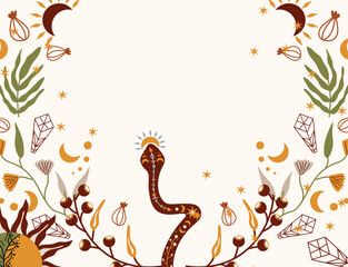 Boho composition with snake, celestial moon, crystals, colorful flowers and leaves. Mystical, magical compositions. Suitable for banners, posters, postcards. Vector illustration.