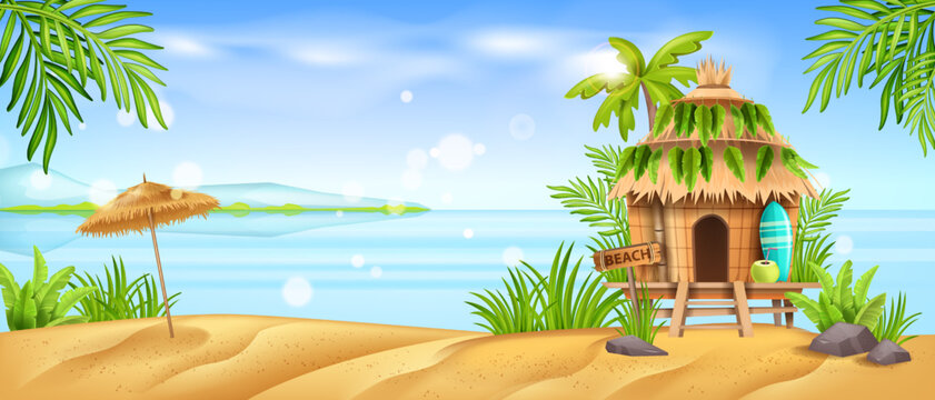 beach hut, tiki bamboo shack, vector hawaiian house, summer cartoon island bungalow, tropical ocean.