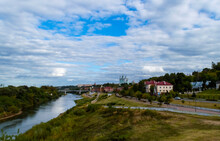 View Of The Smolensky Cathedral From Afar. Cloudy Weather. Dnepr River