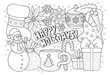 Happy holidays cute anti stress coloring sheet for adult and kids. Hand drawn winter holiday themed coloring book page with cozy Christmas objects, vector illustration