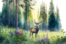 Watercolor Forest Composition With Deer, Flowers And Trees. Generative AI.