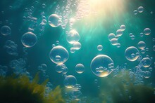 Sunshine Illuminates Air Bubbles Beneath The Sea. Swirling Bubbling Air Currents Underwater Generative AI